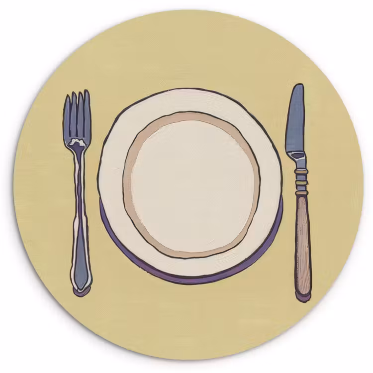 Tableau rond - Illustration - Assiette - Couverts - Beige — 1