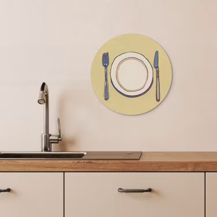 Tableau rond - Illustration - Assiette - Couverts - Beige — 2