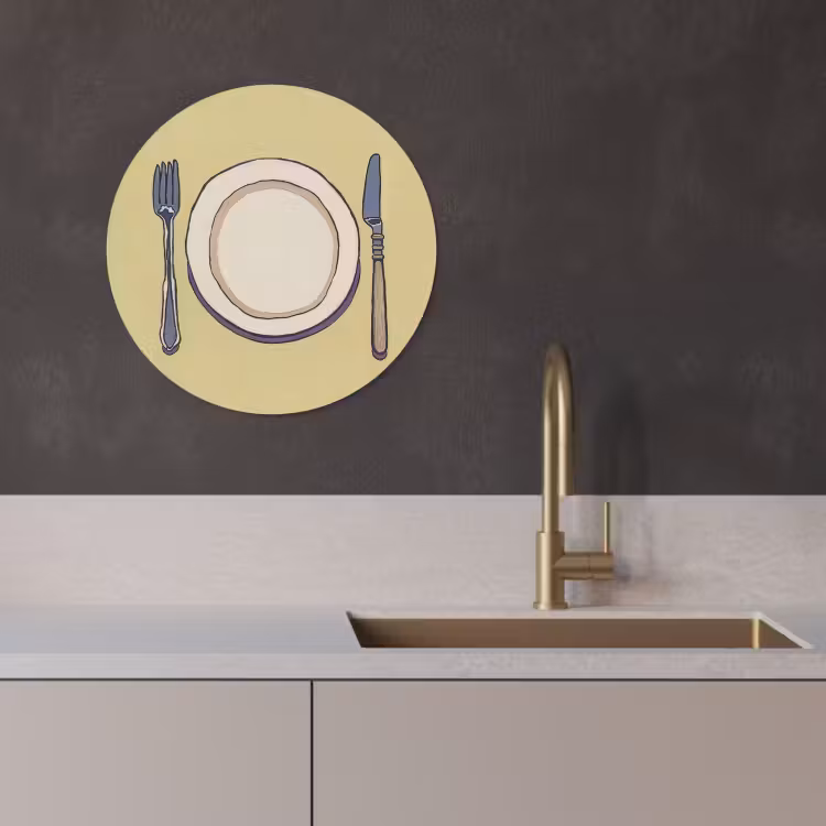 Tableau rond - Illustration - Assiette - Couverts - Beige — 3
