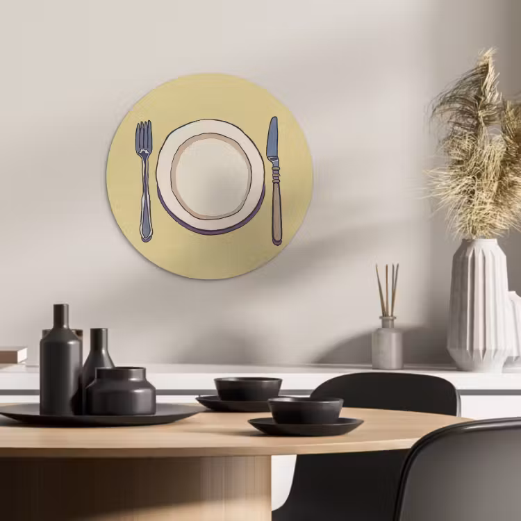 Tableau rond - Illustration - Assiette - Couverts - Beige — 4