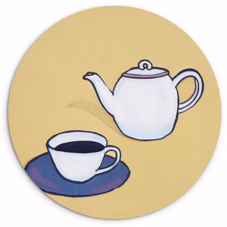 Tableau rond - Théière - Tasse - Beige - Illustration — 1