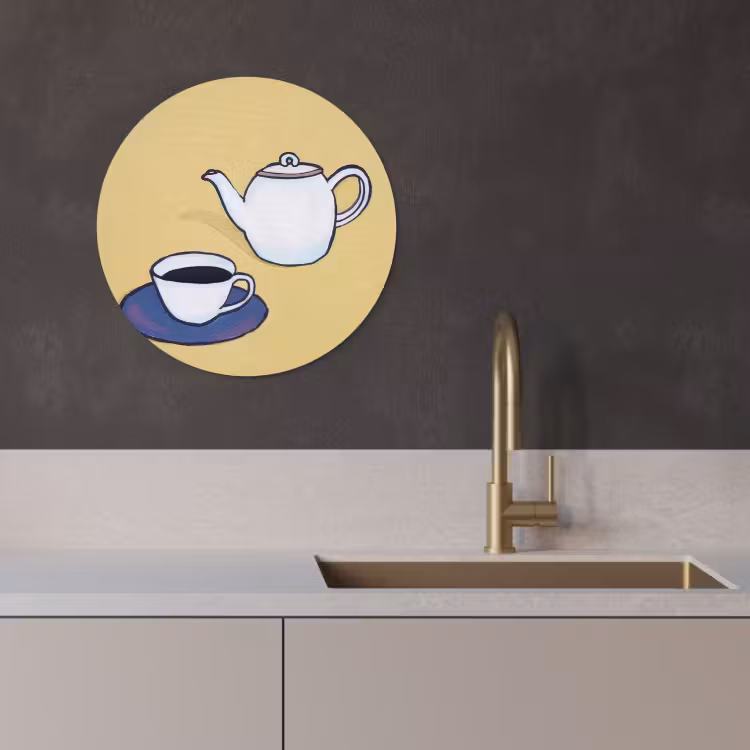 Tableau rond - Théière - Tasse - Beige - Illustration — 2