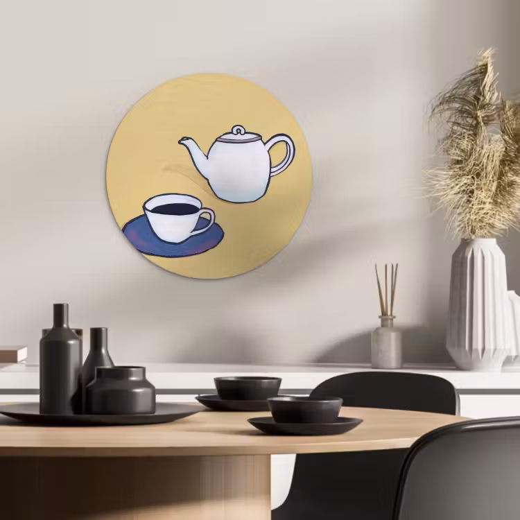 Tableau rond - Théière - Tasse - Beige - Illustration — 3