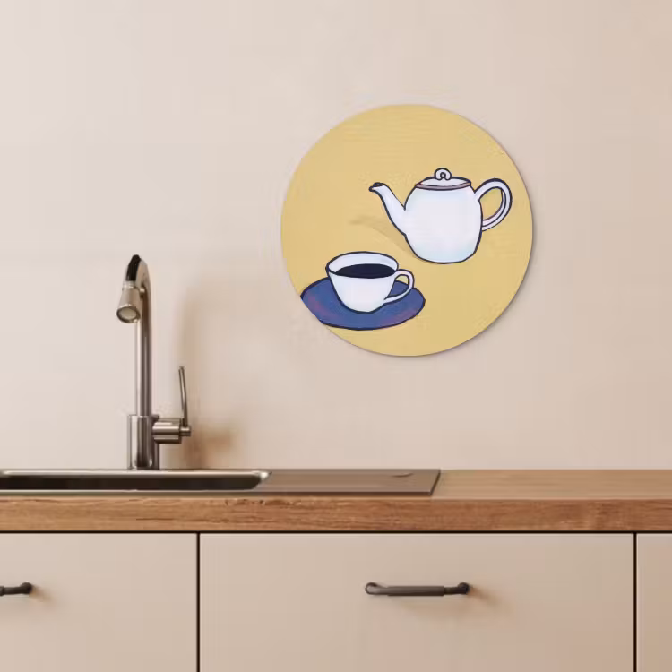 Tableau rond - Théière - Tasse - Beige - Illustration — 4