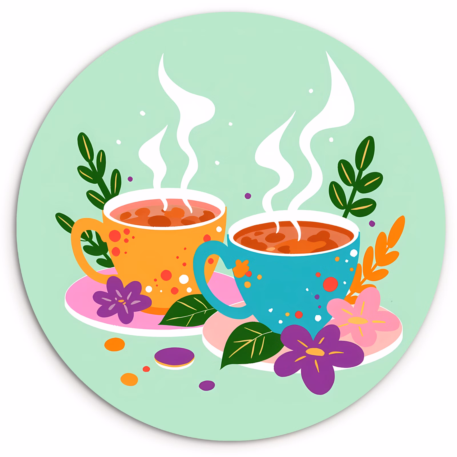 Tableau rond - Thé - Illustration - Tasses - Fleurs — 1