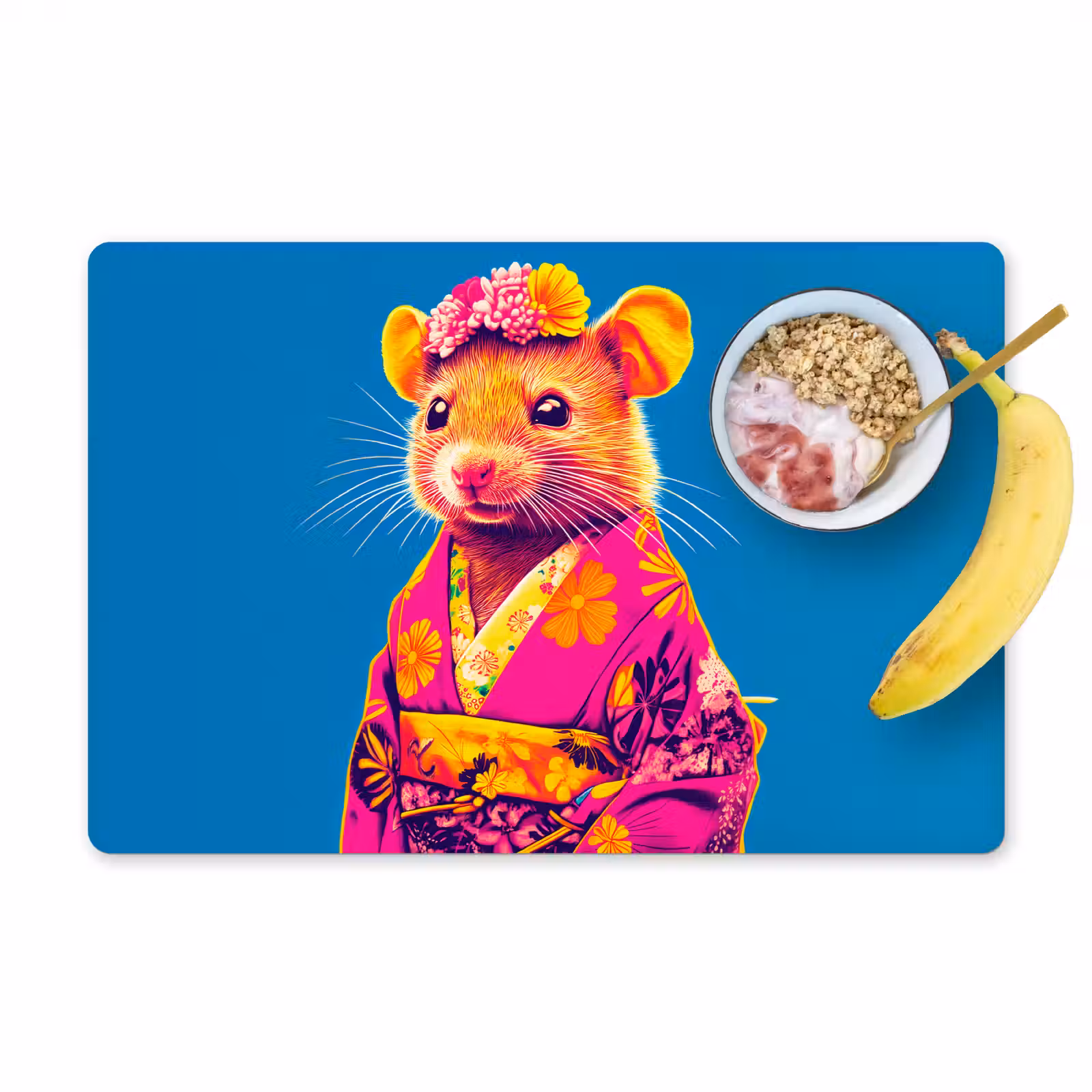 Sets de table en vinyle - Souris - Kimono - Fleurs - Bleu — 1