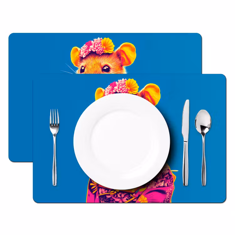 Sets de table en vinyle - Souris - Kimono - Fleurs - Bleu — 2