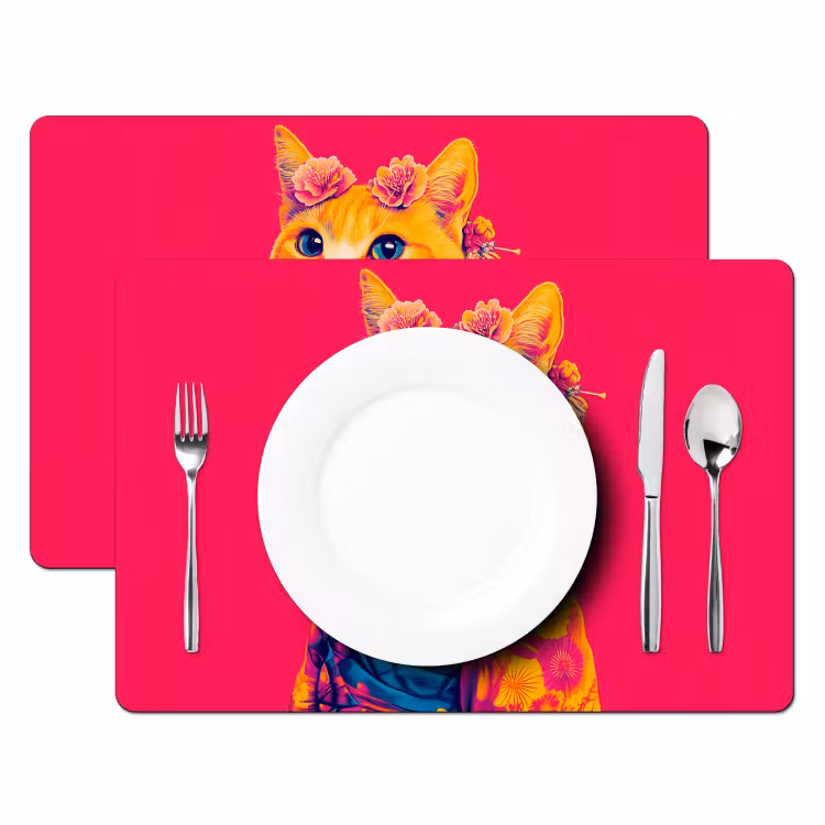 Sets de table en vinyle - Chat - Kimono - Fleurs - Rose — 2