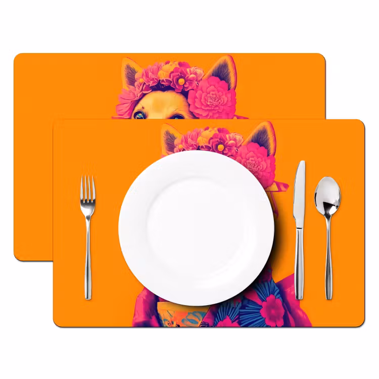 Sets de table en vinyle - Kimono - Toutou - Couronne de fleurs - Orange — 2