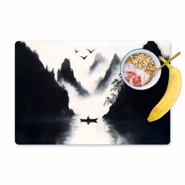 Sets de table en vinyle - Bateau à rames - Brumeux - Montagnes - Oiseaux — 1