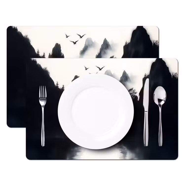 Sets de table en vinyle - Bateau à rames - Brumeux - Montagnes - Oiseaux — 2
