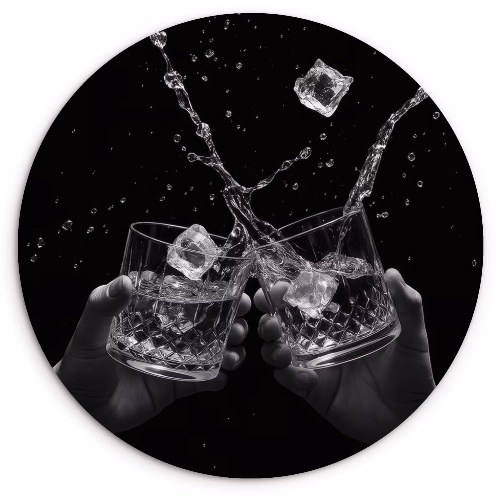Tableau rond - Verres Whicky - Ice - Splashes - Noir — 1
