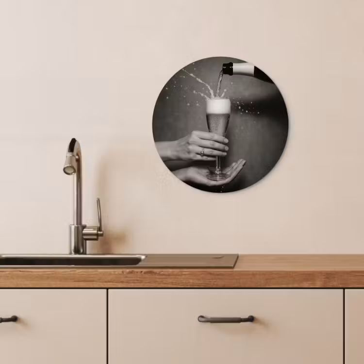 Tableau rond - Bouteille de champagne - Verre - Minimaliste - Splashes — 4