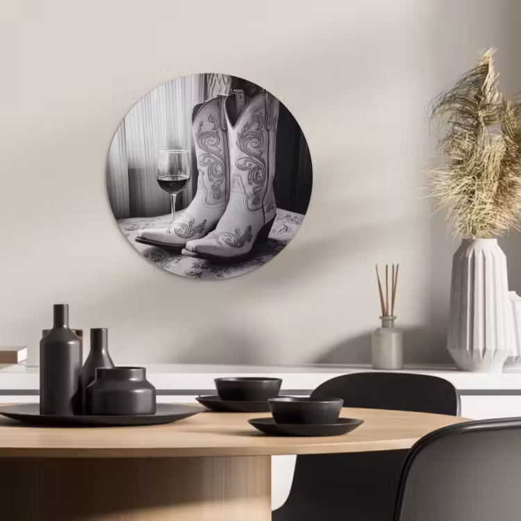 Tableau rond - Vin - Bottes de cow-boy - Luminaire de fenêtre - Blanc — 4