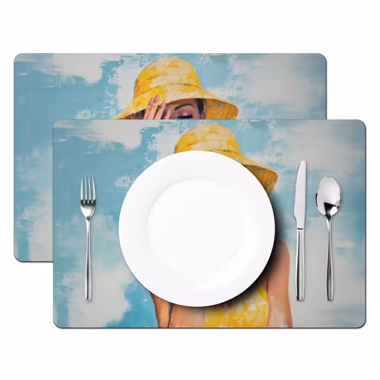 Sets de table en vinyle - Peinture - Femme - Chapeau - Jaune — 2