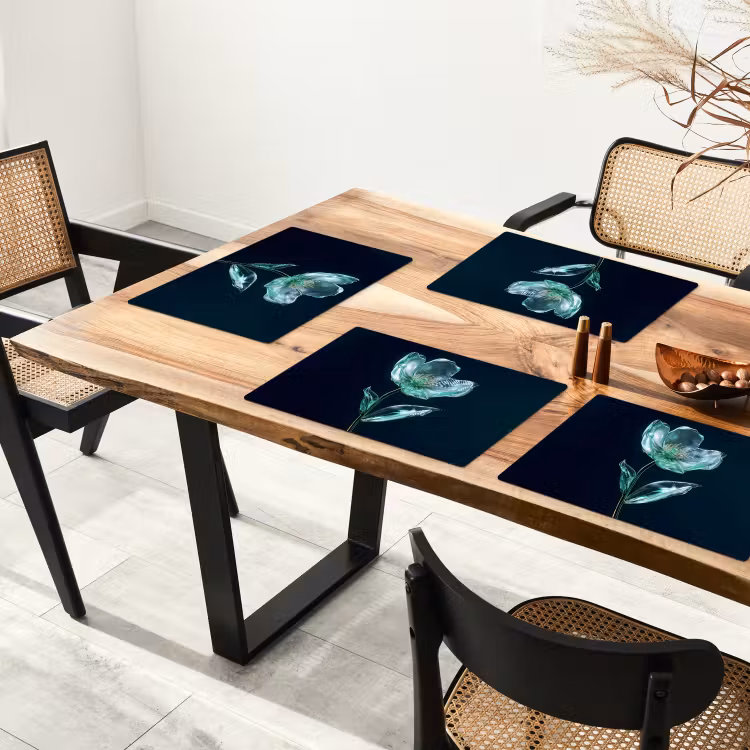 Sets de table en vinyle - Feuilles - Fleur - Verres - Bleu foncé — 4
