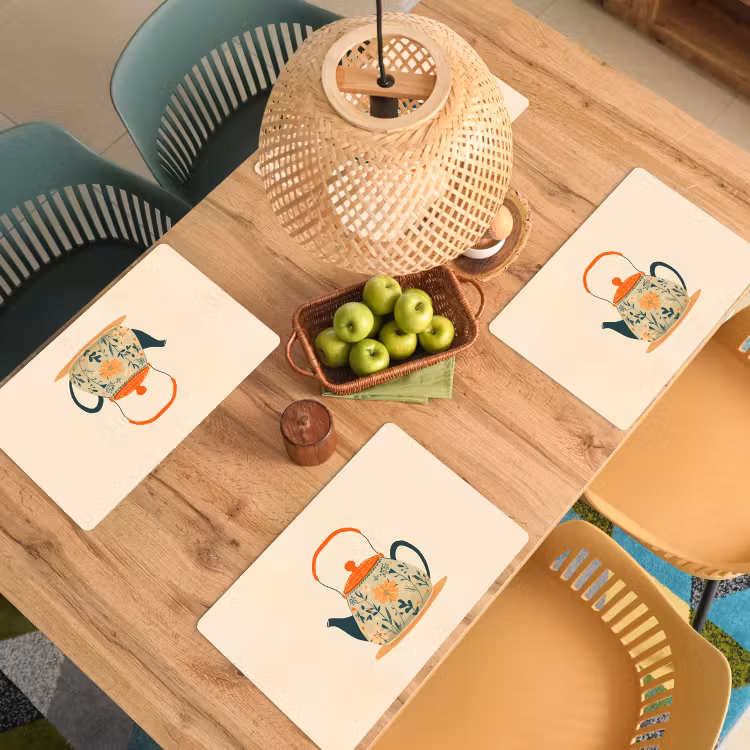 Sets de table - Orange - Théière - Fleurs - Feuilles — 3