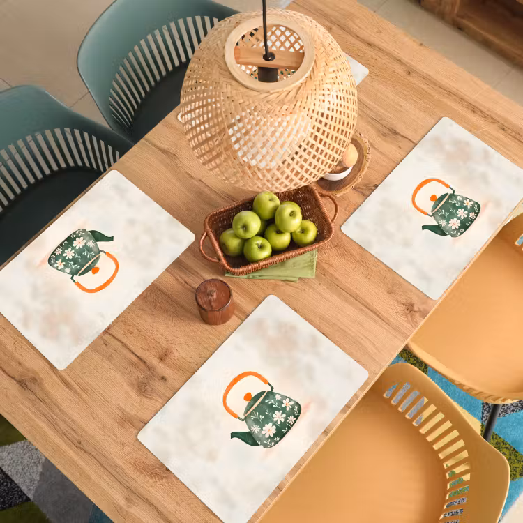 Sets de table - Théière - Vert - Fleurs - Orange — 3