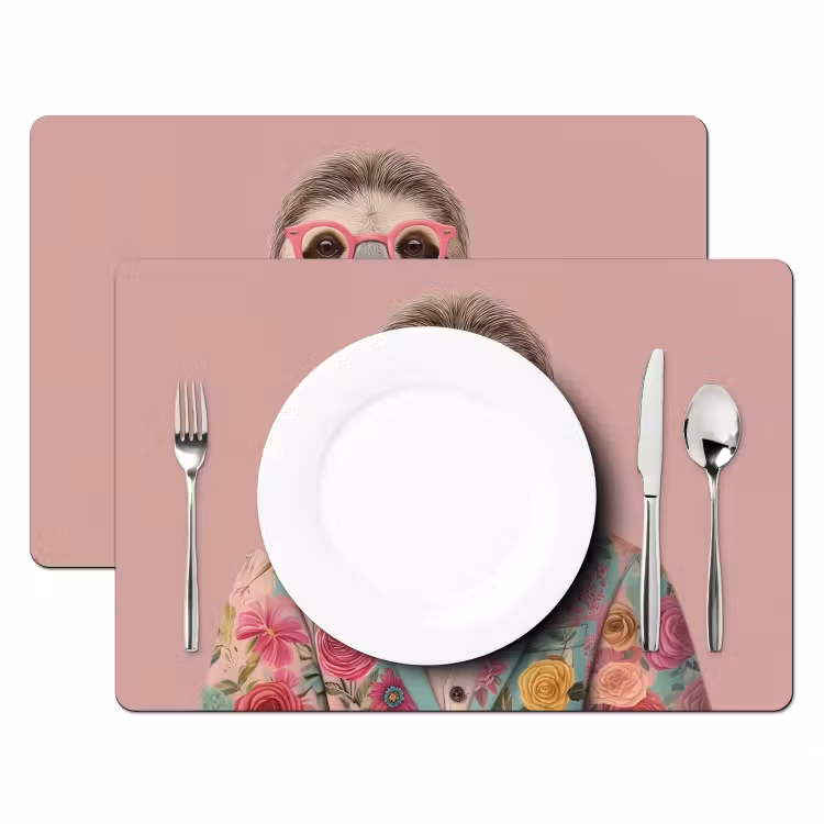 Sets de table en vinyle - Sloth - Imprimé floral - Lunettes - Rose — 2