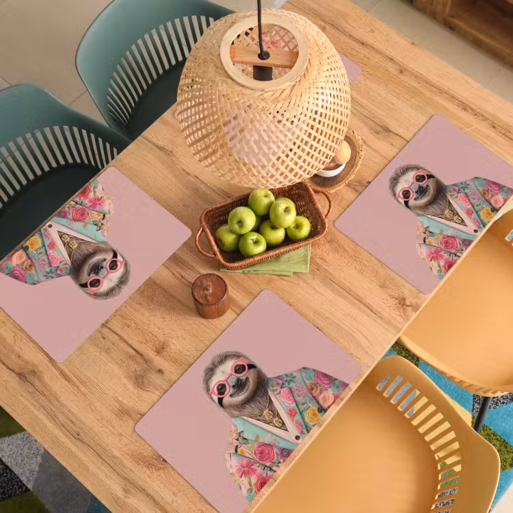 Sets de table en vinyle - Sloth - Imprimé floral - Lunettes - Rose — 3