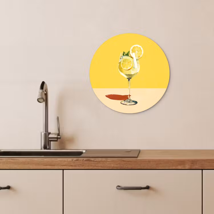 Tableau rond - Verre à vin - Citron - Jaune - Minimaliste — 1
