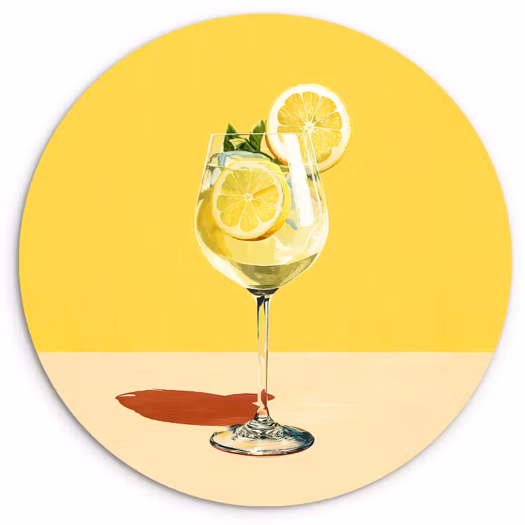Tableau rond - Verre à vin - Citron - Jaune - Minimaliste — 2