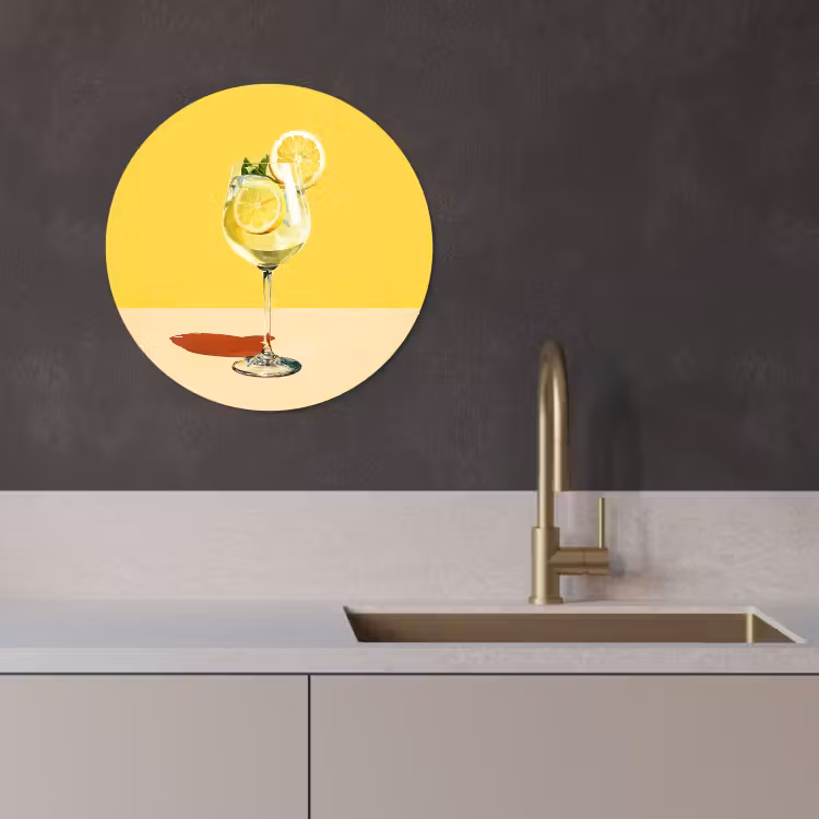 Tableau rond - Verre à vin - Citron - Jaune - Minimaliste — 4