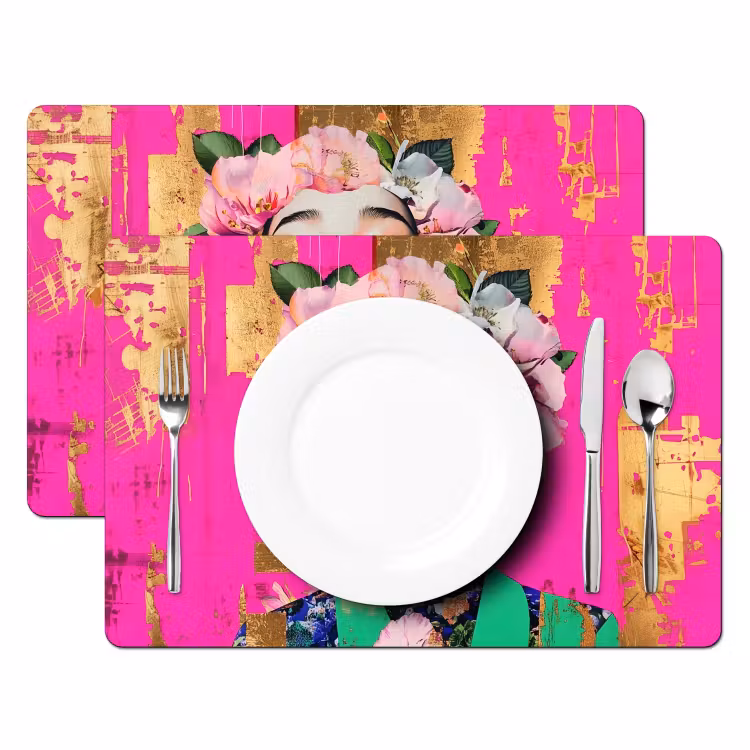 Sets de table en vinyle - Couronne de fleurs - Or - Femme - Portrait — 2