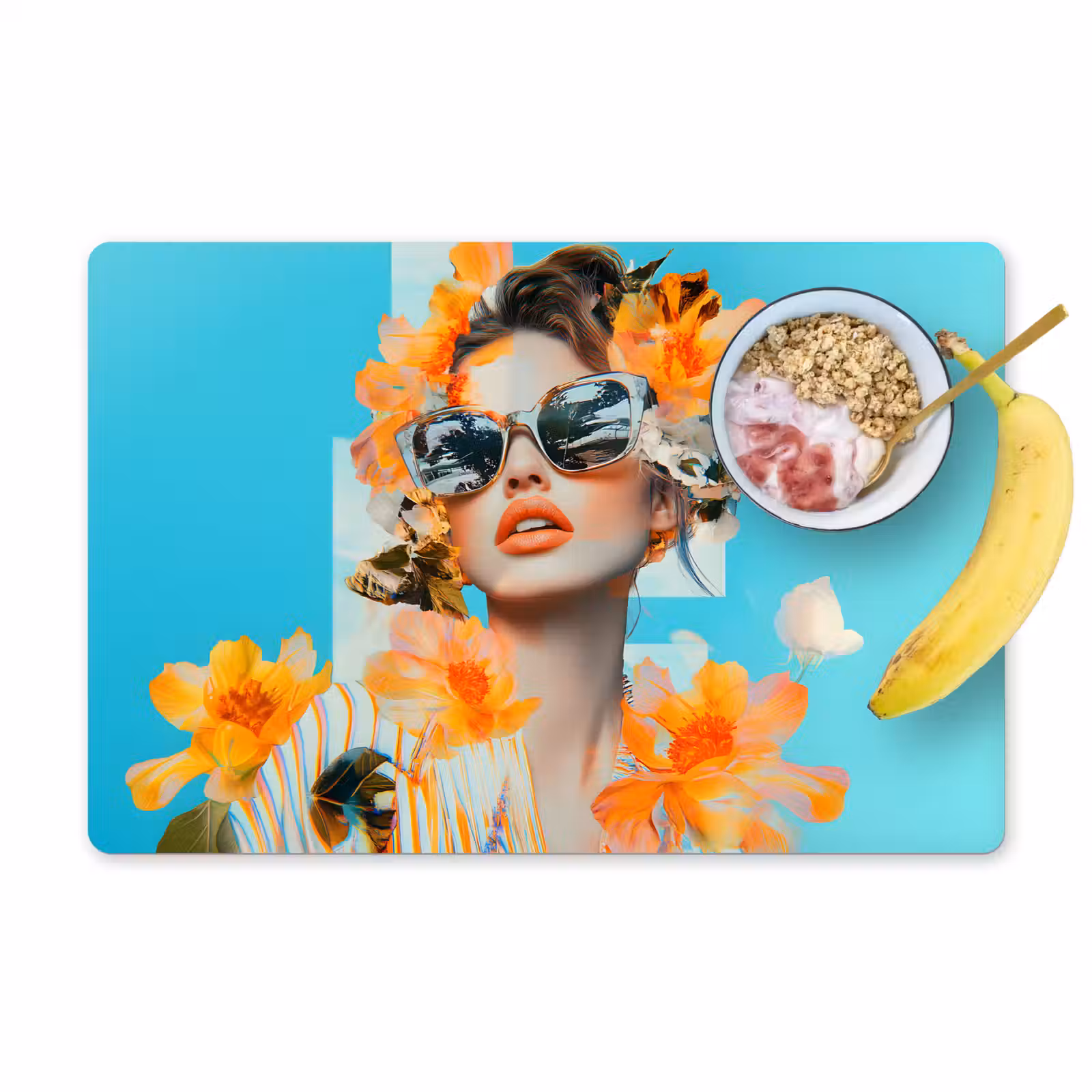 Sets de table en vinyle - Fleurs - Femme - Lunettes de soleil - Bleu — 1