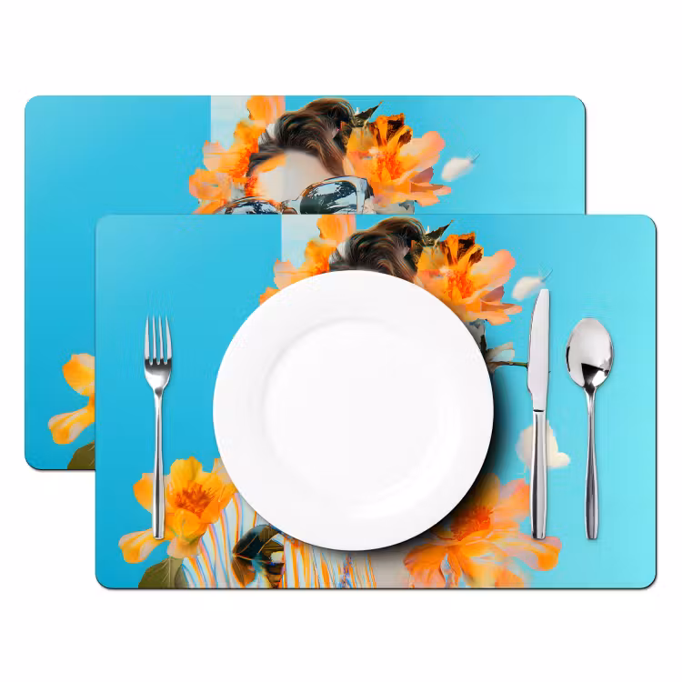 Sets de table en vinyle - Fleurs - Femme - Lunettes de soleil - Bleu — 2