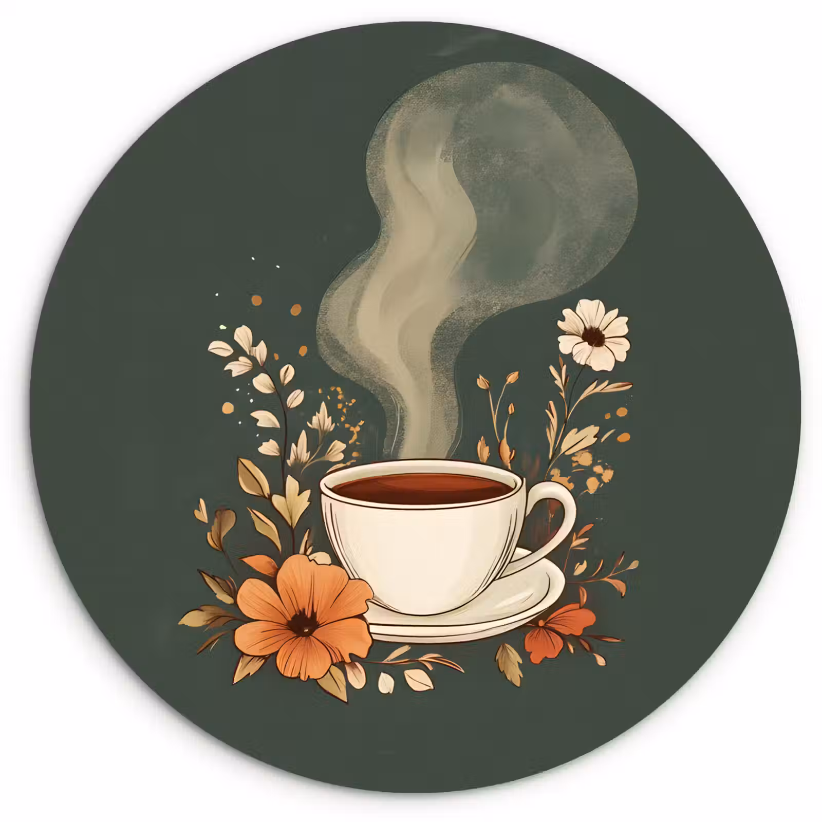 Tableau rond - Coupe - Fleurs - Vert - Café — 1