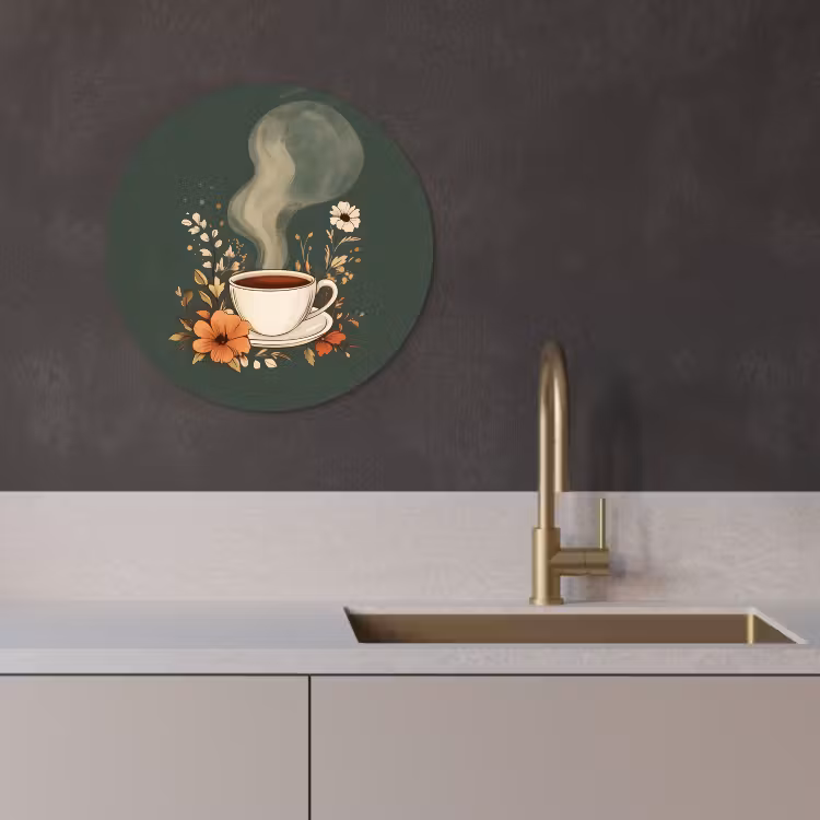 Tableau rond - Coupe - Fleurs - Vert - Café — 3