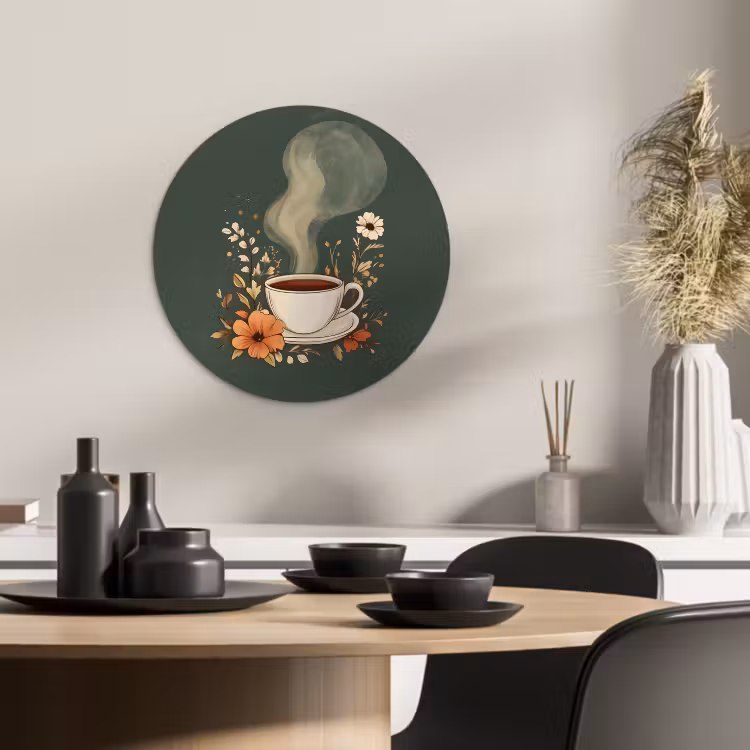 Tableau rond - Coupe - Fleurs - Vert - Café — 4