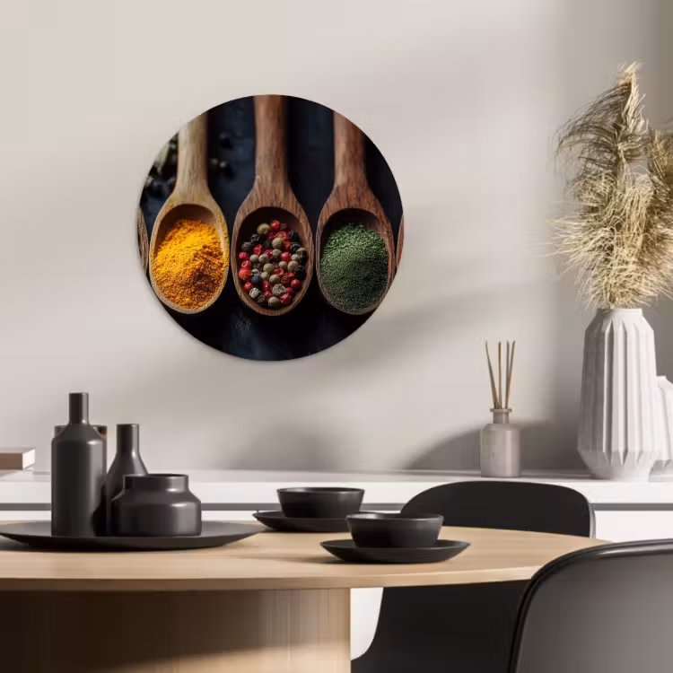 Tableau rond - Bois - Cuillères - Epices - Herbes — 1