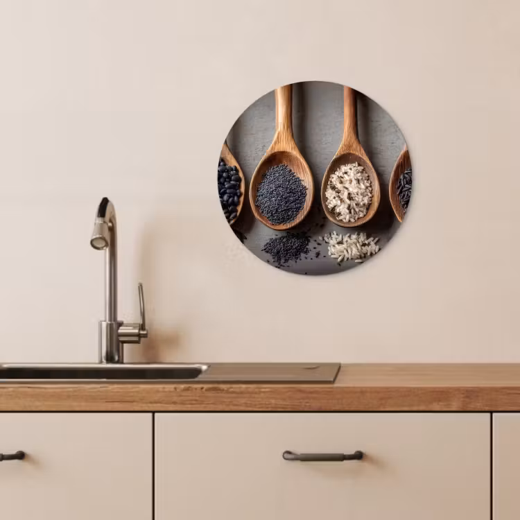 Tableau rond - Bois - Cuillères - Riz - Graines — 4