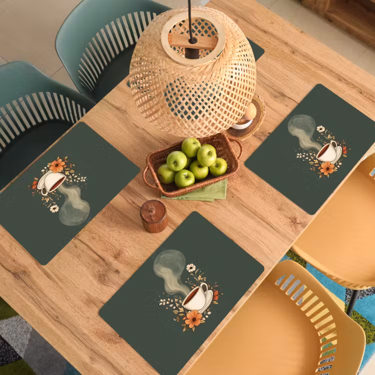 Sets de table en vinyle - Coupe - Fleurs - Vert - Café — 3