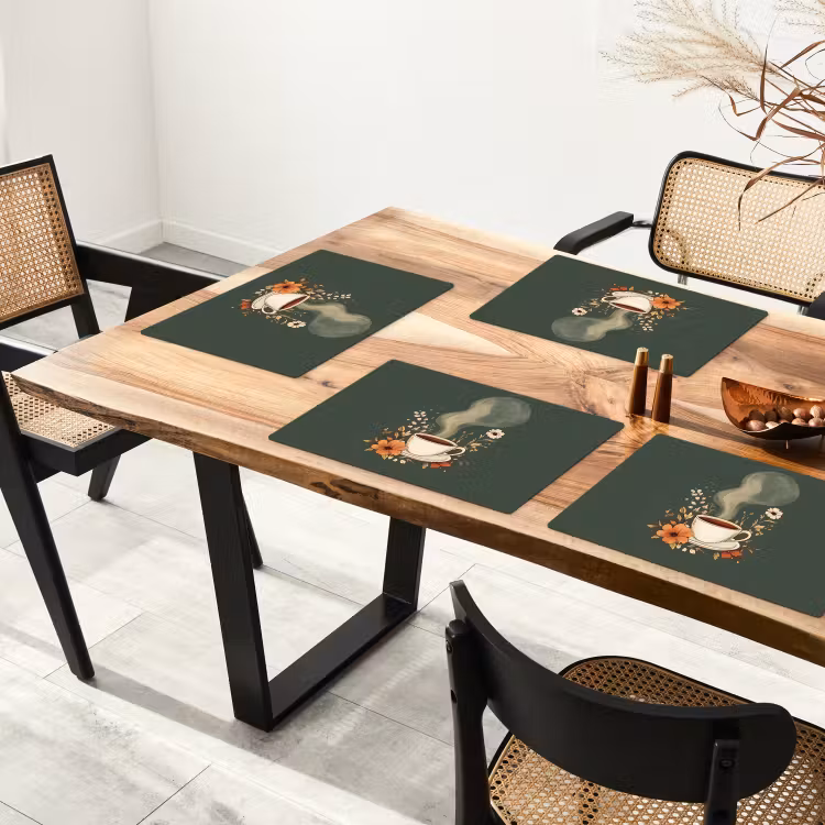 Sets de table en vinyle - Coupe - Fleurs - Vert - Café — 4