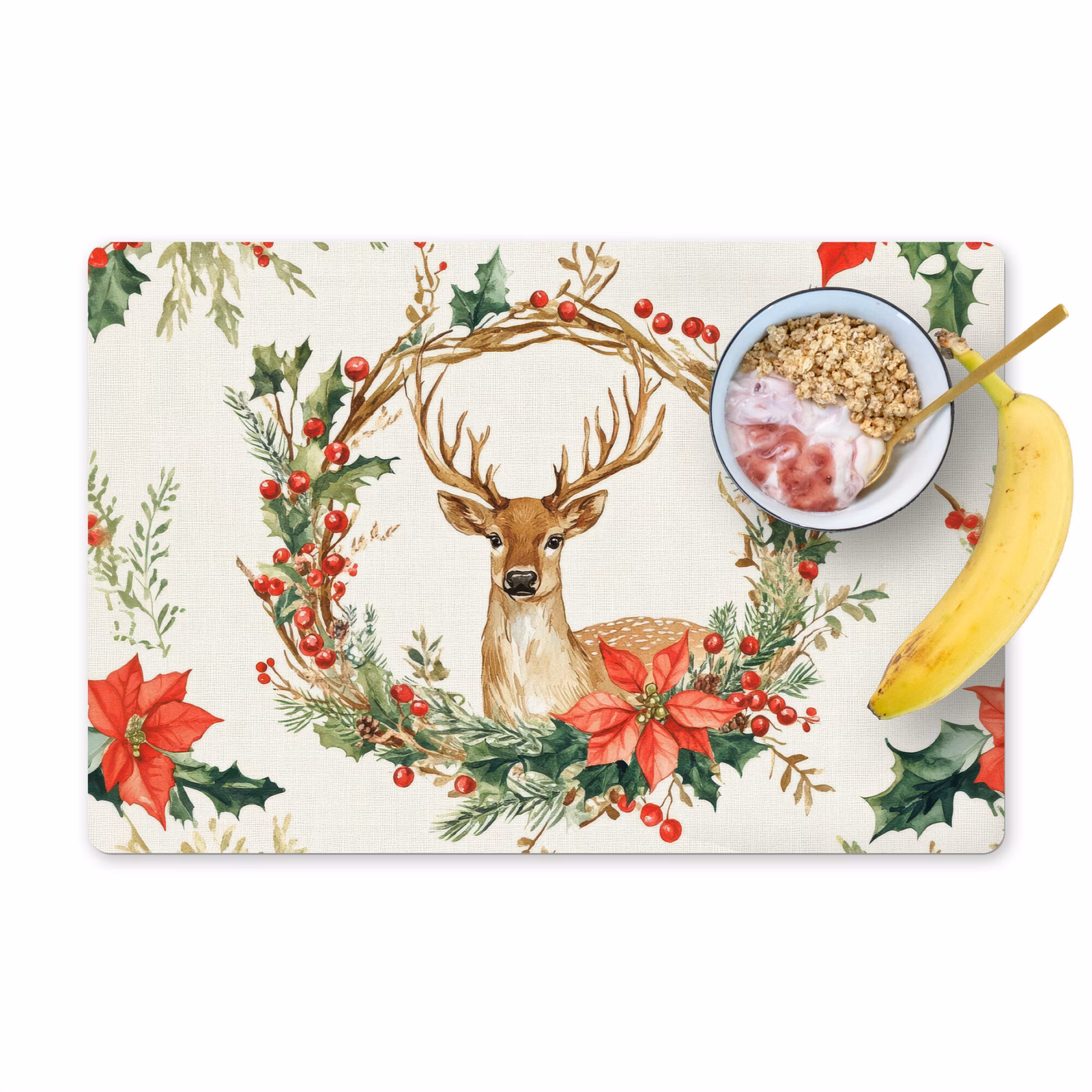 Set de table – 6 pièces - Couronne de Noël - Cerf - Houx - Rouge — 1