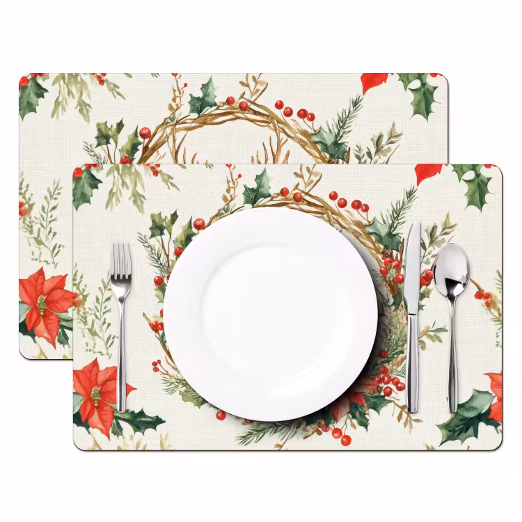Set de table – 6 pièces - Couronne de Noël - Cerf - Houx - Rouge — 2
