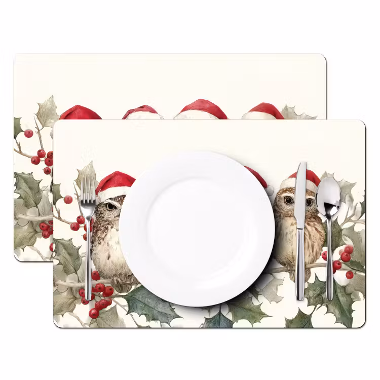Set de table – 6 pièces - Hiboux - Branche - Feuilles de houx - Bonnet de Père Noël — 2
