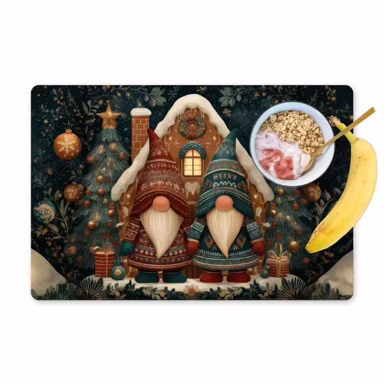 Sets de table en vinyle - Noël - Gnomes - Maison en pain d'épices - Rouge - Vert — 1