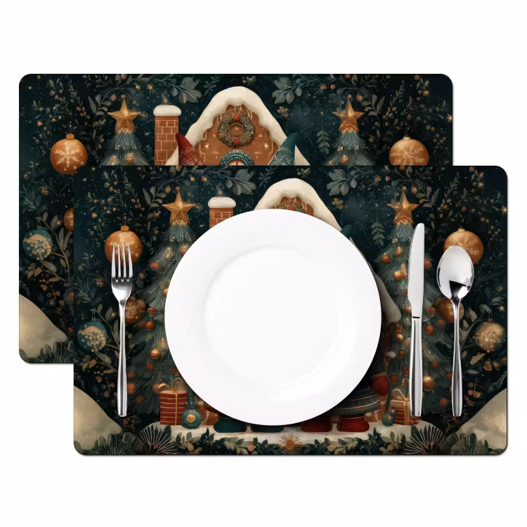 Sets de table en vinyle - Noël - Gnomes - Maison en pain d'épices - Rouge - Vert — 2