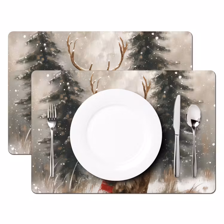 Sets de table en vinyle - Hiver - Forêt - Renne - Foncé — 2