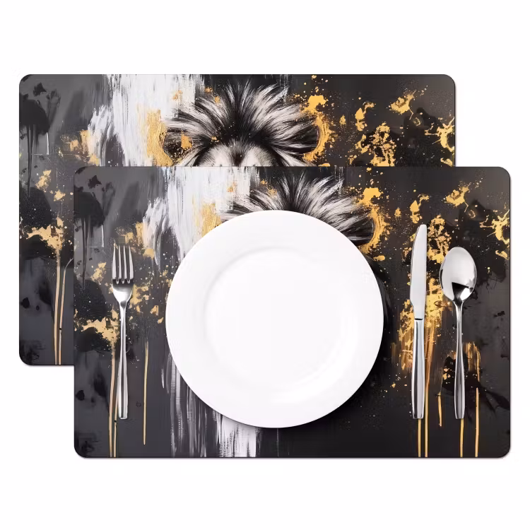 Sets de table en vinyle - Lion - Portrait - Taches de peinture - Gris — 2