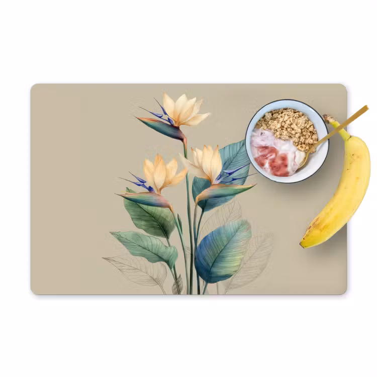 Sets de table en vinyle - Fleurs d'oiseaux de paradis - Feuilles bleu-vert - Beige — 1