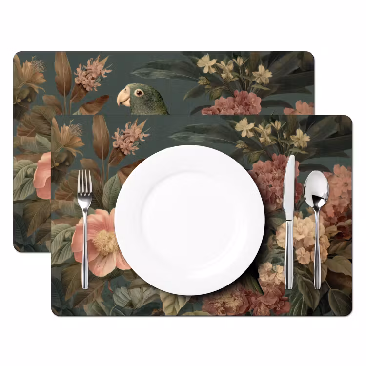 Sets de table en vinyle - Perroquet vert - Fleurs colorées - Fond sombre — 2