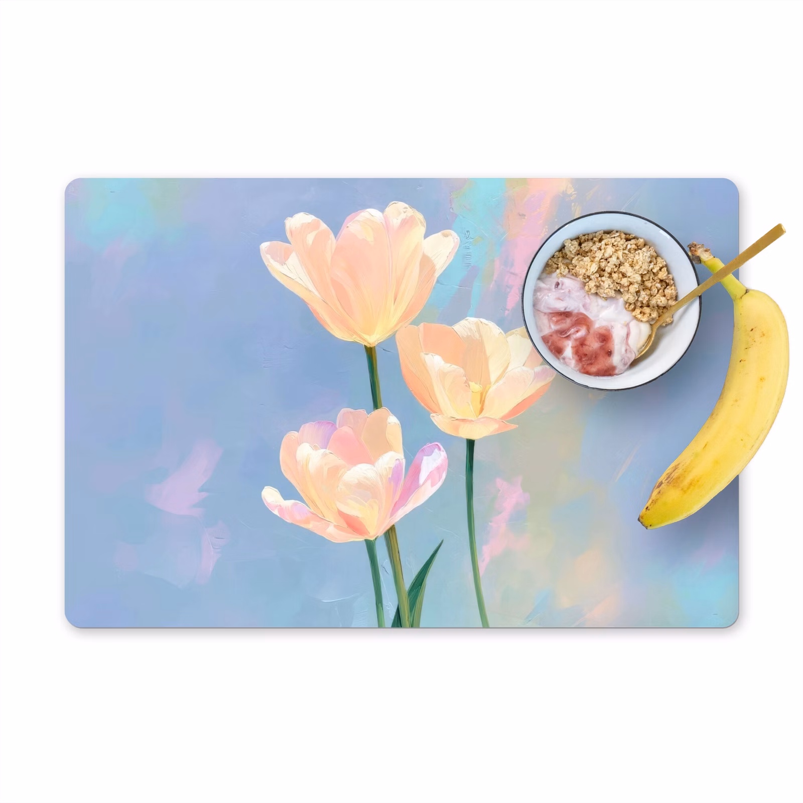 Sets de table en vinyle - Tulipes - Accents roses - Bleu — 1