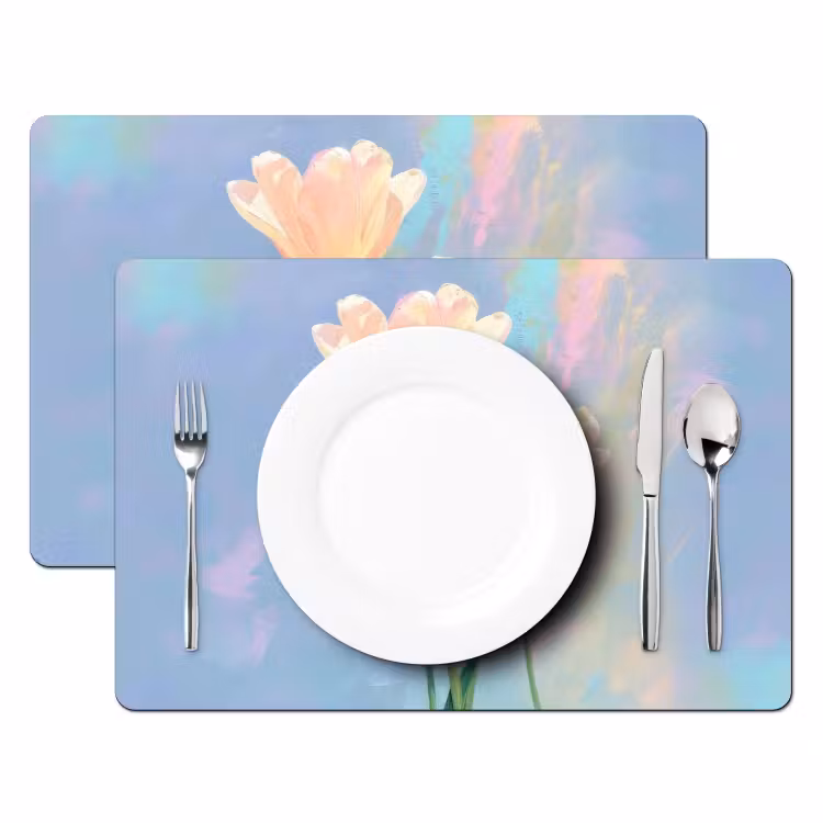 Sets de table en vinyle - Tulipes - Accents roses - Bleu — 2