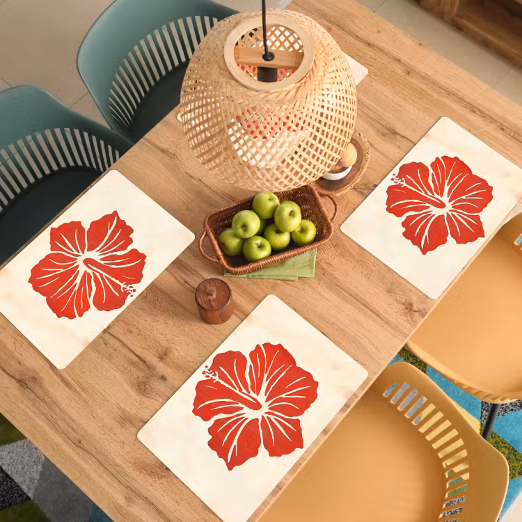 Sets de table en vinyle - Fleur d'hibiscus rouge - Fond texturé - Beige — 3