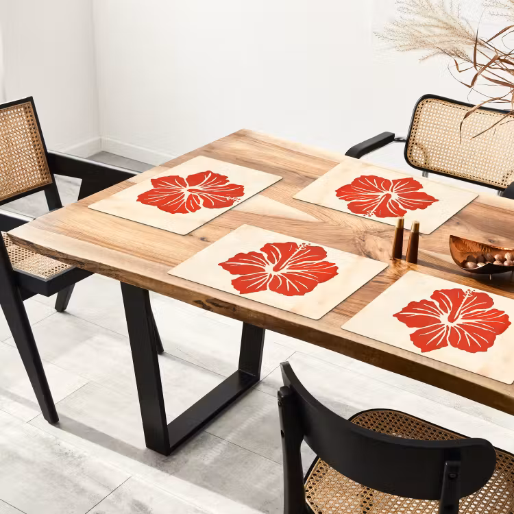 Sets de table en vinyle - Fleur d'hibiscus rouge - Fond texturé - Beige — 4